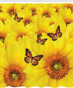 Close-Up Sunflower Shower Curtain, Warm Colors and Butterfly Design, Bathroom Decor