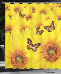 Close-Up Sunflower Shower Curtain, Warm Colors and Butterfly Design, Bathroom Decor