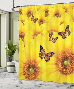 Close-Up Sunflower Shower Curtain, Warm Colors and Butterfly Design, Bathroom Decor