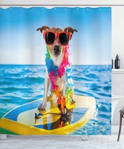Coastal Animal Surfing Dog Shower Curtain with Comic Picture Bathroom Decor