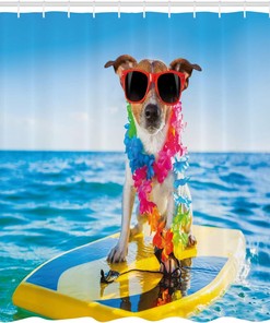 Coastal Animal Surfing Dog Shower Curtain with Comic Picture Bathroom Decor