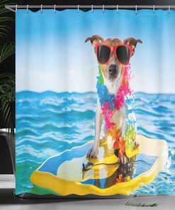 Coastal Animal Surfing Dog Shower Curtain with Comic Picture Bathroom Decor