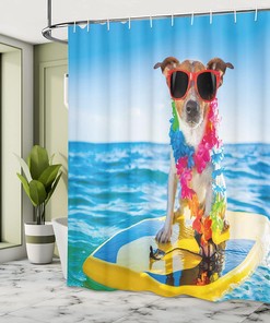 Coastal Animal Surfing Dog Shower Curtain with Comic Picture Bathroom Decor