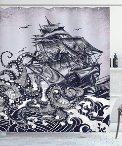 Coastal Kraken Octopus Tentacles Nautical Shower Curtain Blue Ocean Waves Bathroom Decor