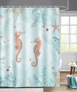 Coastal Seahorse Shower Curtain with Starfish and Coral Design