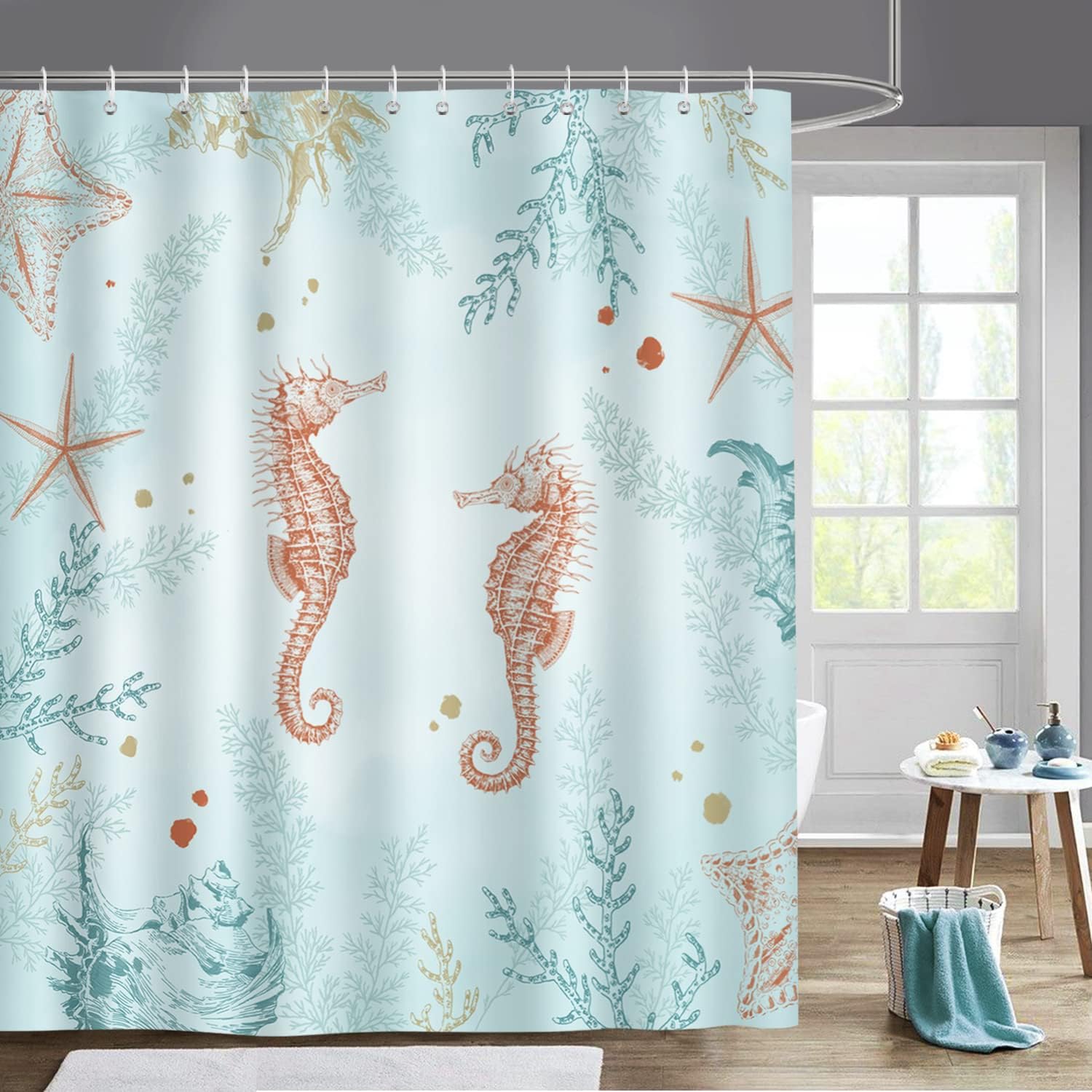 Coastal Seahorse Shower Curtain with Starfish and Coral Design Bluefink