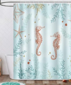 Coastal Seahorse Shower Curtain with Starfish and Coral Design