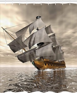 Coffee Grey 3D Ocean Shower Curtain, Historic Pirate Ship Exploration Theme, Bathroom Decor Home Decor