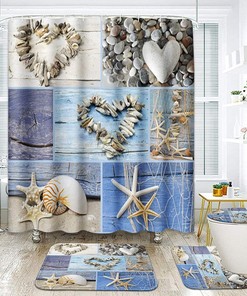 Collage Hearts Seashells Starfish Driftwood Beach Shower Curtain for Bathroom Decor