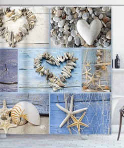 Collage Hearts Seashells Starfish Driftwood Beach Shower Curtain for Bathroom Decor
