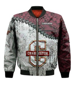 College of Charleston Cougars Bomber Jacket Grunge Polynesian Tattoo- NCAA