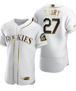 Colorado Rockies #27 Trevor Story Mlb Golden Brandedition White Jersey Gift For Rockies Fans