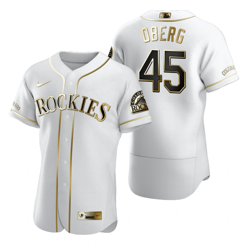Colorado Rockies #45 Scott Oberg Mlb Golden Brandedition White Jersey Gift For Rockies Fans