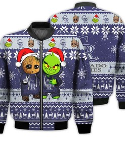 Colorado Rockies Baby Groot And Grinch Best Friends Football American Ugly Christmas Sweater Gifts Unisex 3D Bomber Jacket
