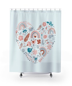 Colorful Boho Shower Curtain with Rainbow, Birds, and Flowers 