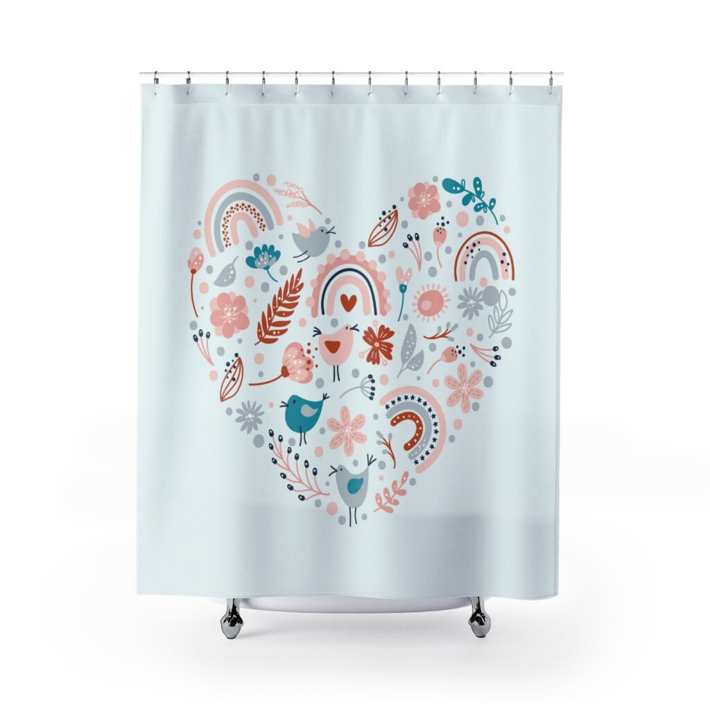 Colorful Boho Shower Curtain with Rainbow, Birds, and Flowers
