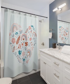 Colorful Boho Shower Curtain with Rainbow, Birds, and Flowers