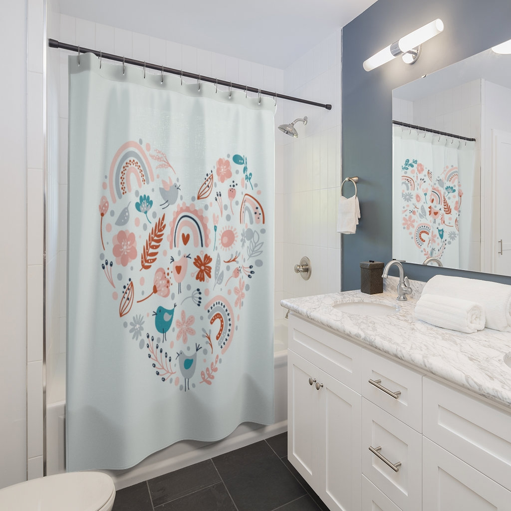 Colorful Boho Shower Curtain with Rainbow, Birds, and Flowers