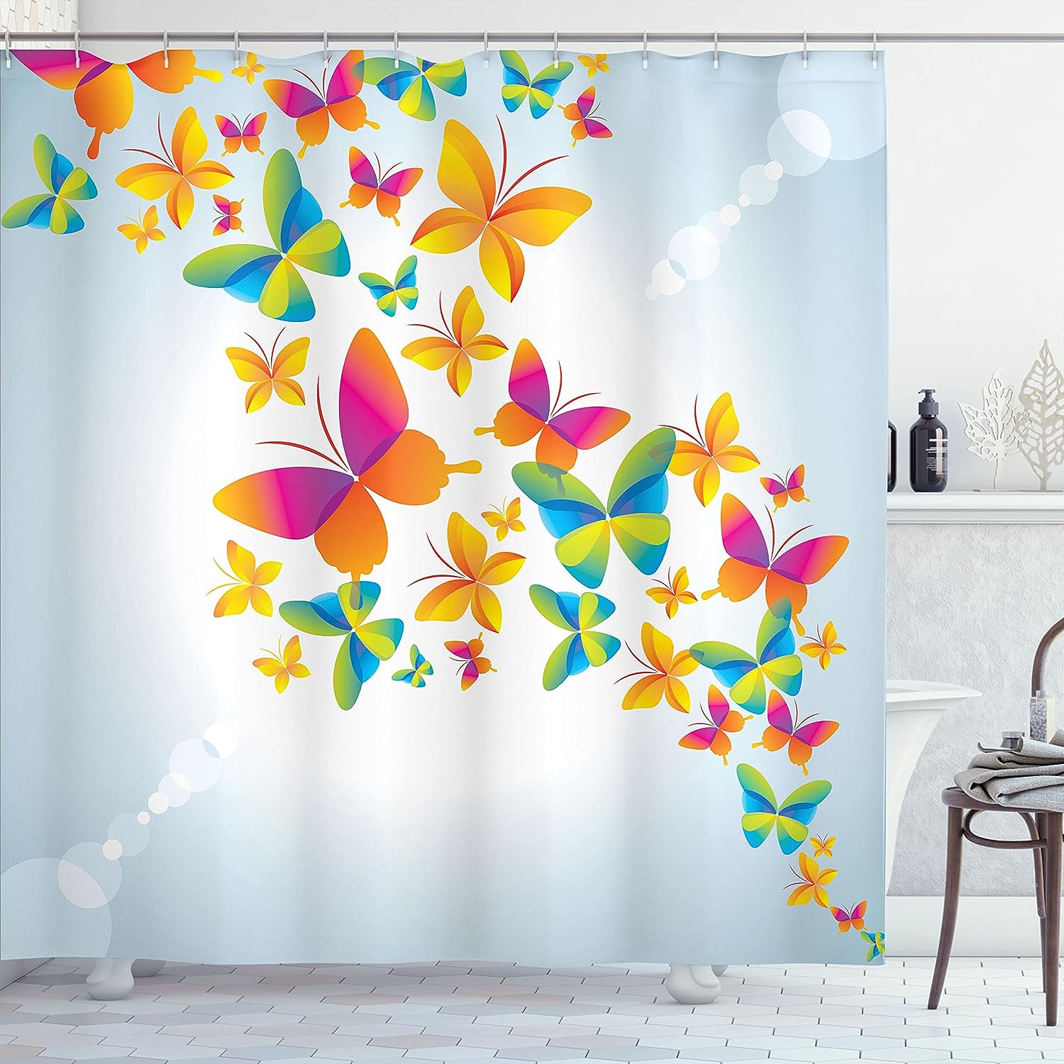 Colorful Butterfly Shower Curtain, Silhouettes and Abstract Nature Print for Bathroom Decor, Multicolor