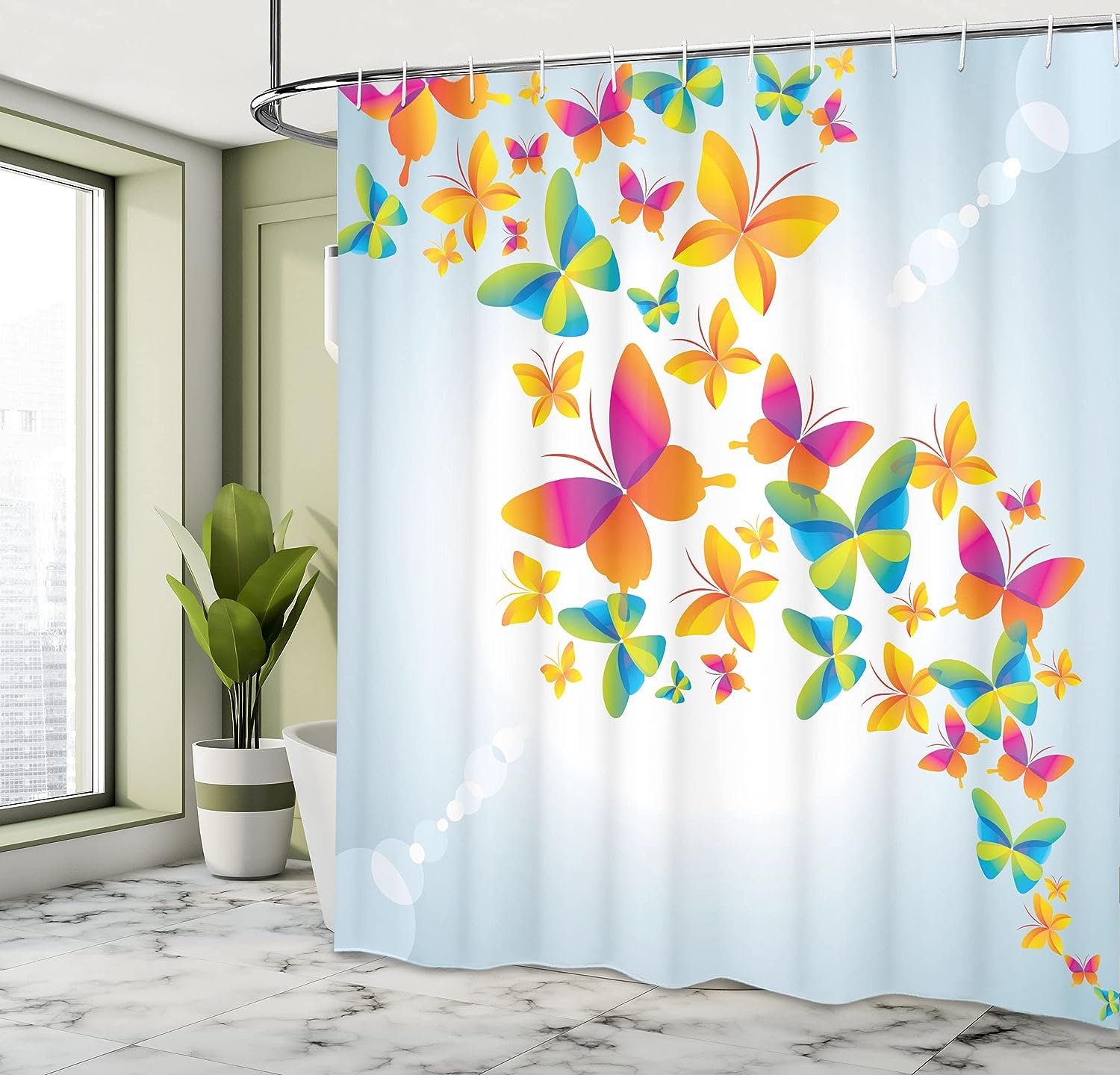 Colorful Butterfly Shower Curtain, Silhouettes and Abstract Nature Print for Bathroom Decor, Multicolor
