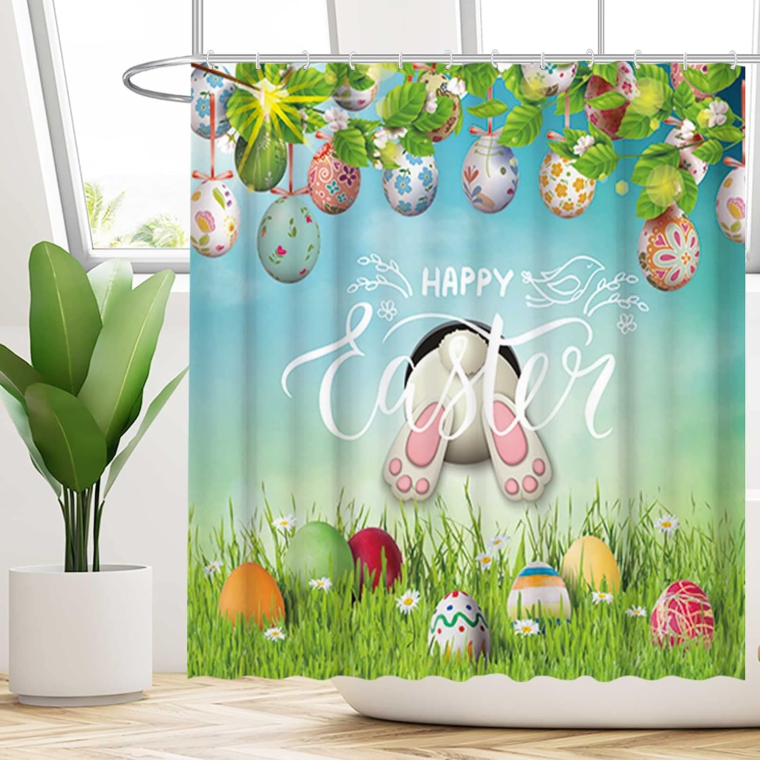 Colorful Eggs Easter Shower Curtain for Spring Bathroom Decor