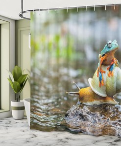 Colorful Frog Shower Curtain with Riverscape Water Rock Mollusks Print for Bathroom Decor