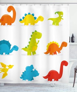 Colorful Funny Dinosaur Cartoon Pattern Shower Curtain, Cloth Bathroom Decor