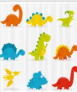 Colorful Funny Dinosaur Cartoon Pattern Shower Curtain, Cloth Bathroom Decor