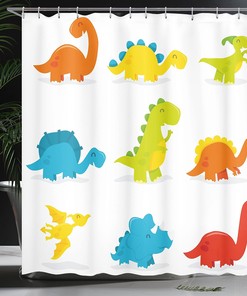 Colorful Funny Dinosaur Cartoon Pattern Shower Curtain, Cloth Bathroom Decor