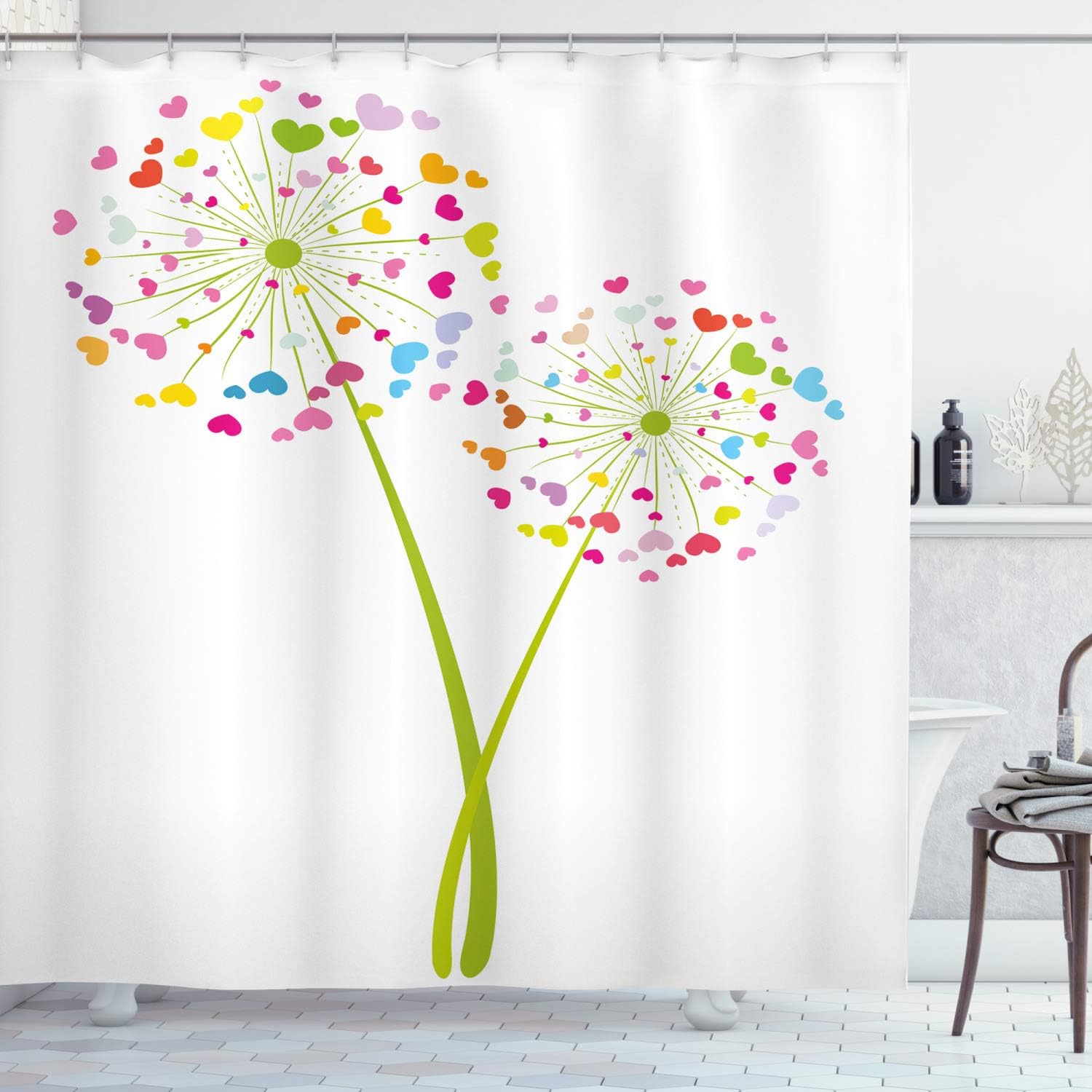 Colorful Heart-Shaped Dandelion Shower Curtain for Bathroom Decor
