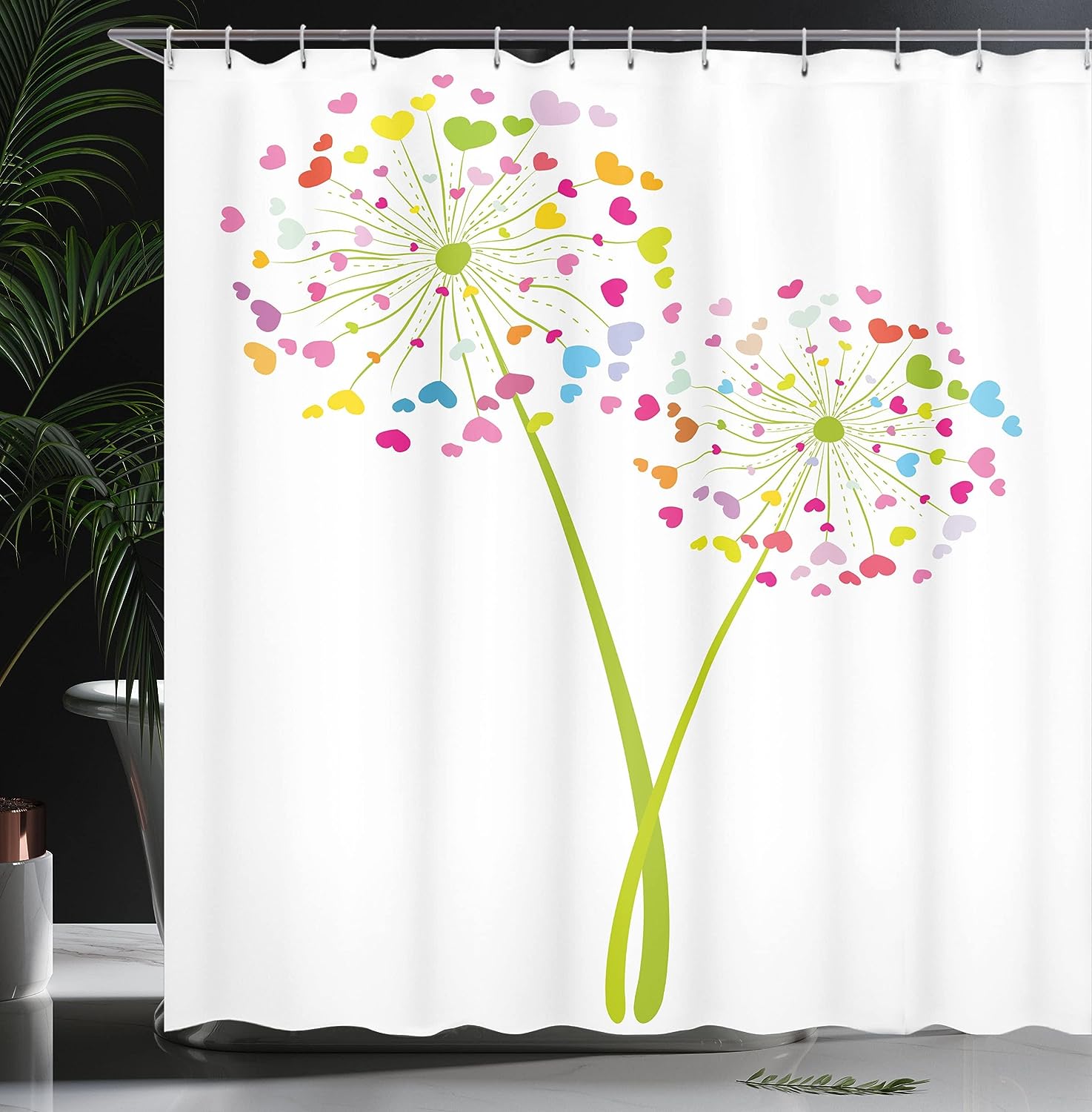 Colorful Heart-Shaped Dandelion Shower Curtain for Bathroom Decor