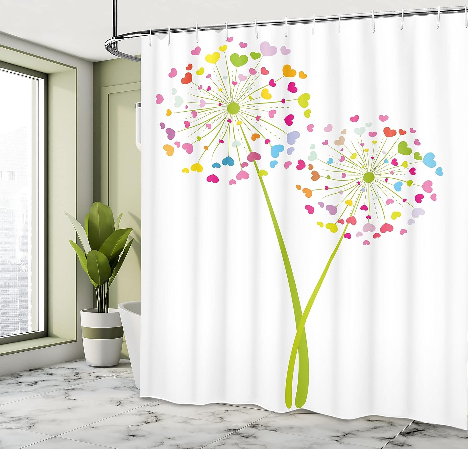 Colorful Heart-Shaped Dandelion Shower Curtain for Bathroom Decor
