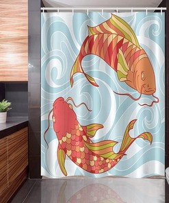 Colorful Koi and Waves Shower Curtain, Japanese Oriental Art Design Bathroom Decor, Bathroom Curtain