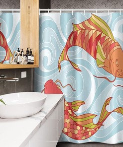 Colorful Koi and Waves Shower Curtain, Japanese Oriental Art Design Bathroom Decor, Bathroom Curtain