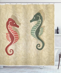 Colorful Nautical Shower Curtain, Seahorses Vintage Design Cloth Bathroom Decor, Forest Green Sand Brown