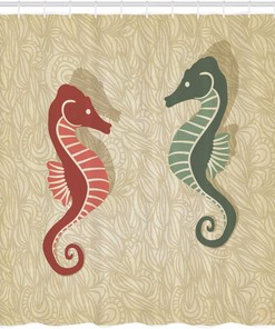 Colorful Nautical Shower Curtain, Seahorses Vintage Design Cloth Bathroom Decor, Forest Green Sand Brown