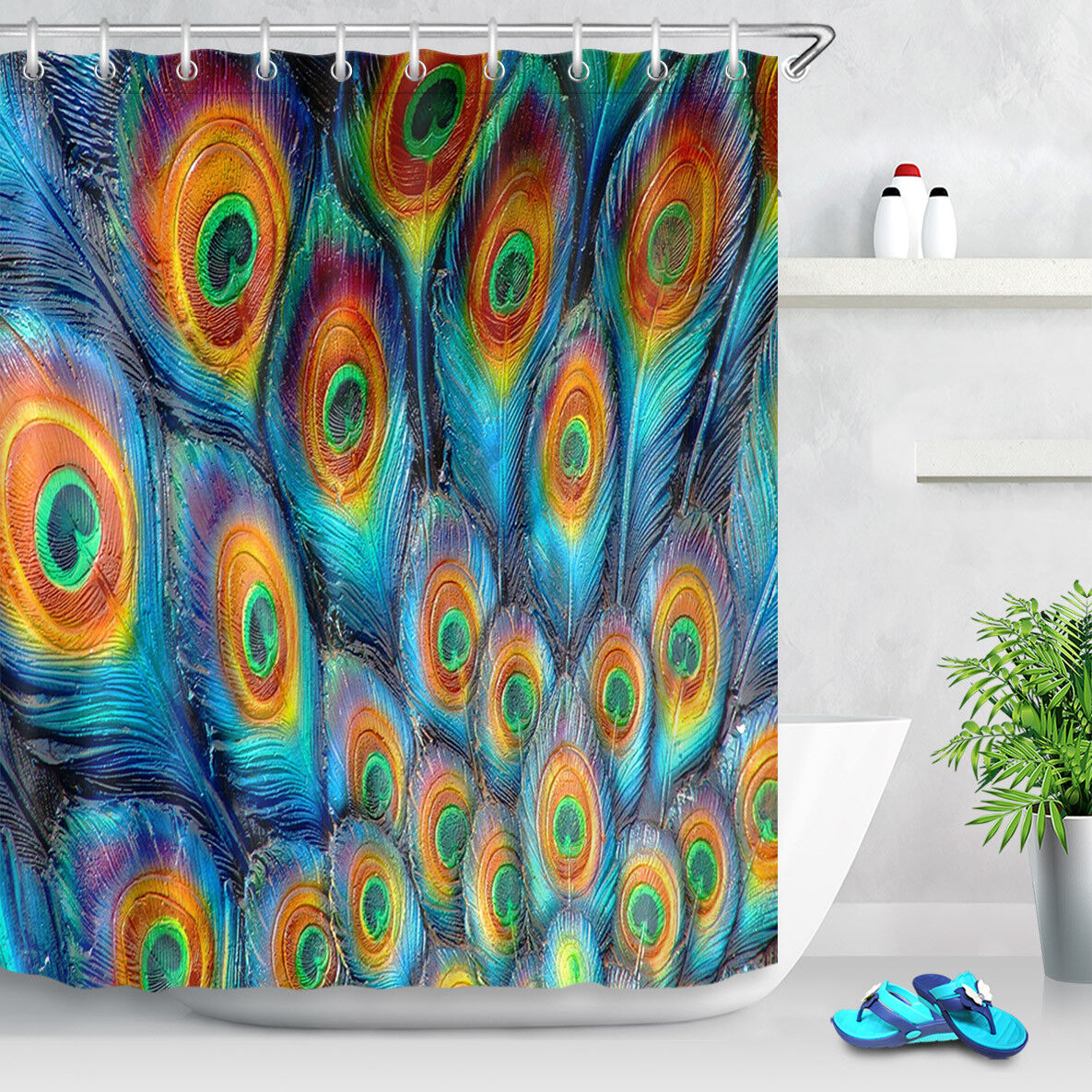 Colorful Peacock Feather Shower Curtain Bathroom Decor