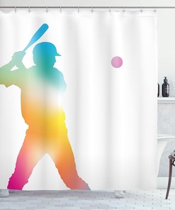 Colorful Reflection of Baseball Shower Curtain, Softball Hitter Print Cloth Bathroom Decor in White Multicolor