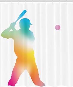 Colorful Reflection of Baseball Shower Curtain, Softball Hitter Print Cloth Bathroom Decor in White Multicolor