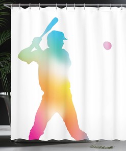 Colorful Reflection of Baseball Shower Curtain, Softball Hitter Print Cloth Bathroom Decor in White Multicolor