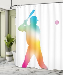 Colorful Reflection of Baseball Shower Curtain, Softball Hitter Print Cloth Bathroom Decor in White Multicolor