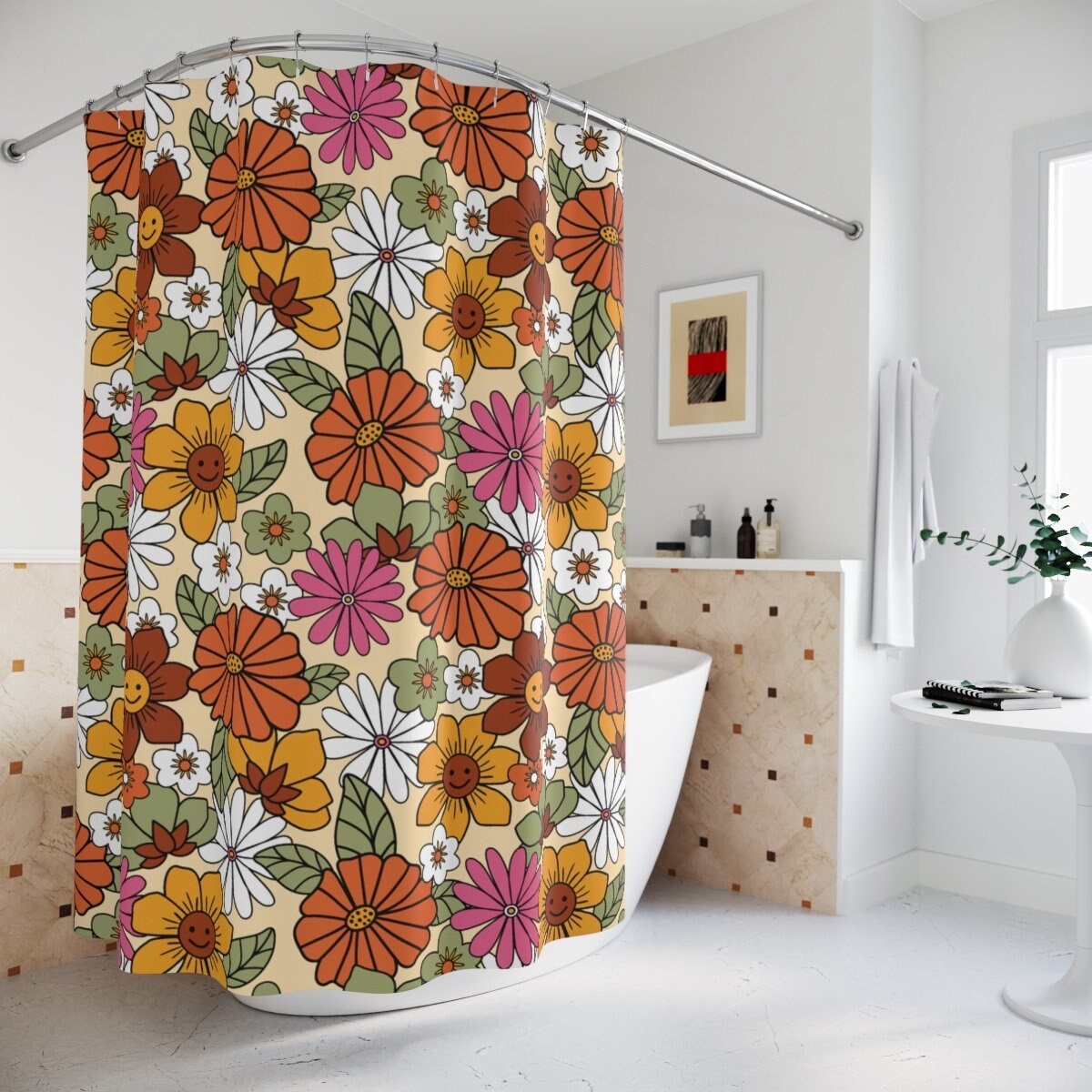 Colorful Retro Flowers Shower Curtain for a Vintage Hippie Bathroom