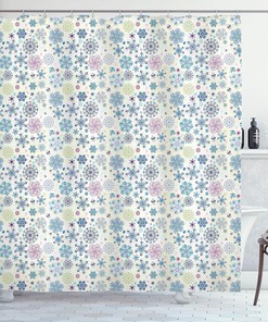 Colorful Snowflake Shower Curtain, Winter Motifs with Abstract Leaves, Cream Blue Bathroom Decor