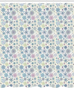 Colorful Snowflake Shower Curtain, Winter Motifs with Abstract Leaves, Cream Blue Bathroom Decor