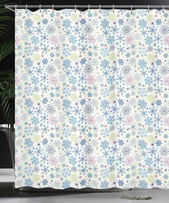 Colorful Snowflake Shower Curtain, Winter Motifs with Abstract Leaves, Cream Blue Bathroom Decor