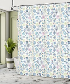 Colorful Snowflake Shower Curtain, Winter Motifs with Abstract Leaves, Cream Blue Bathroom Decor