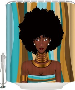 Colorful Stripe Background African American Girl Shower Curtain for Bathroom Showers and Bathtubs