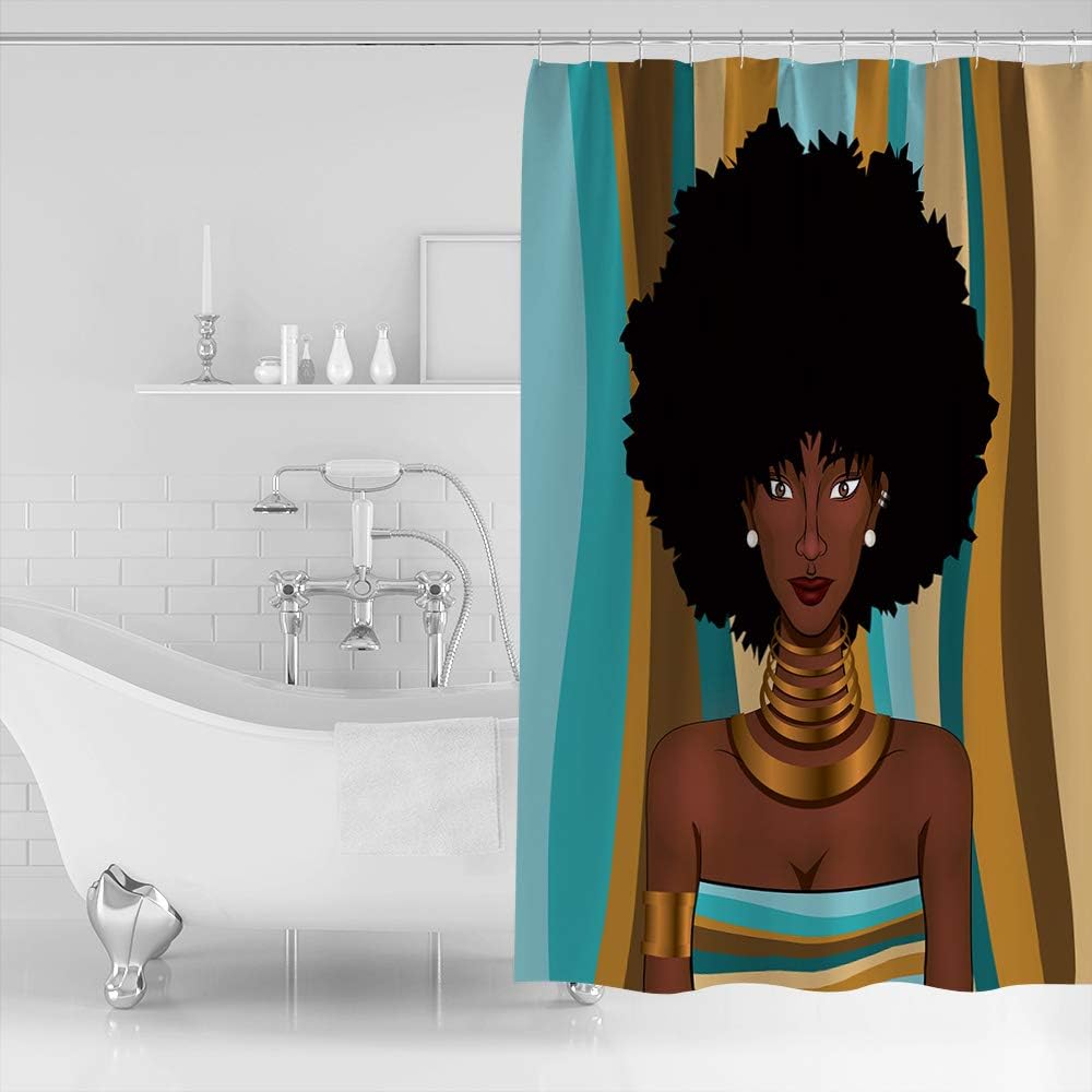 Colorful Stripe Background African American Girl Shower Curtain for Bathroom Showers and Bathtubs