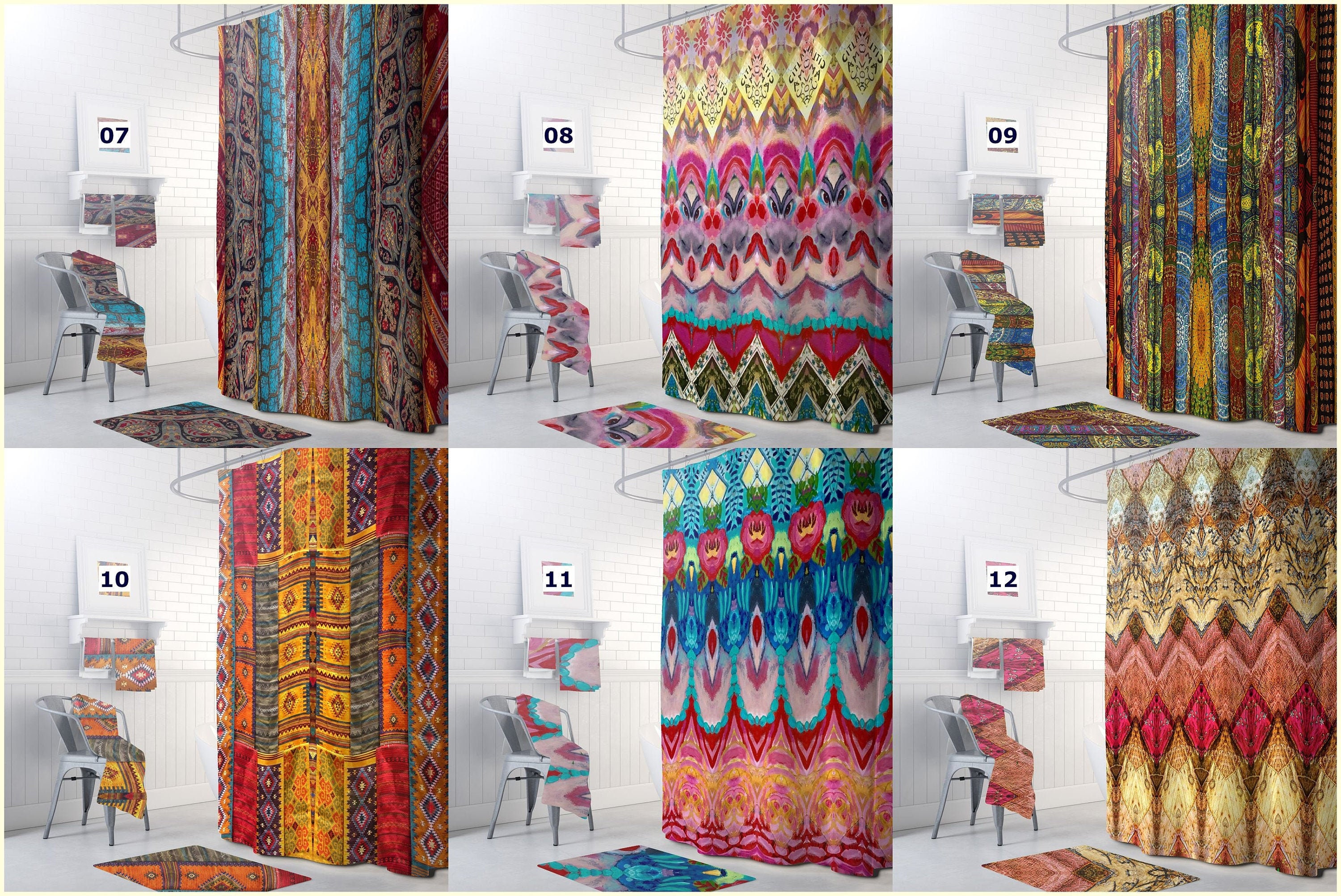 Colorful Stripes Boho Shower Curtain with Chic Bohemian Bathroom Theme
