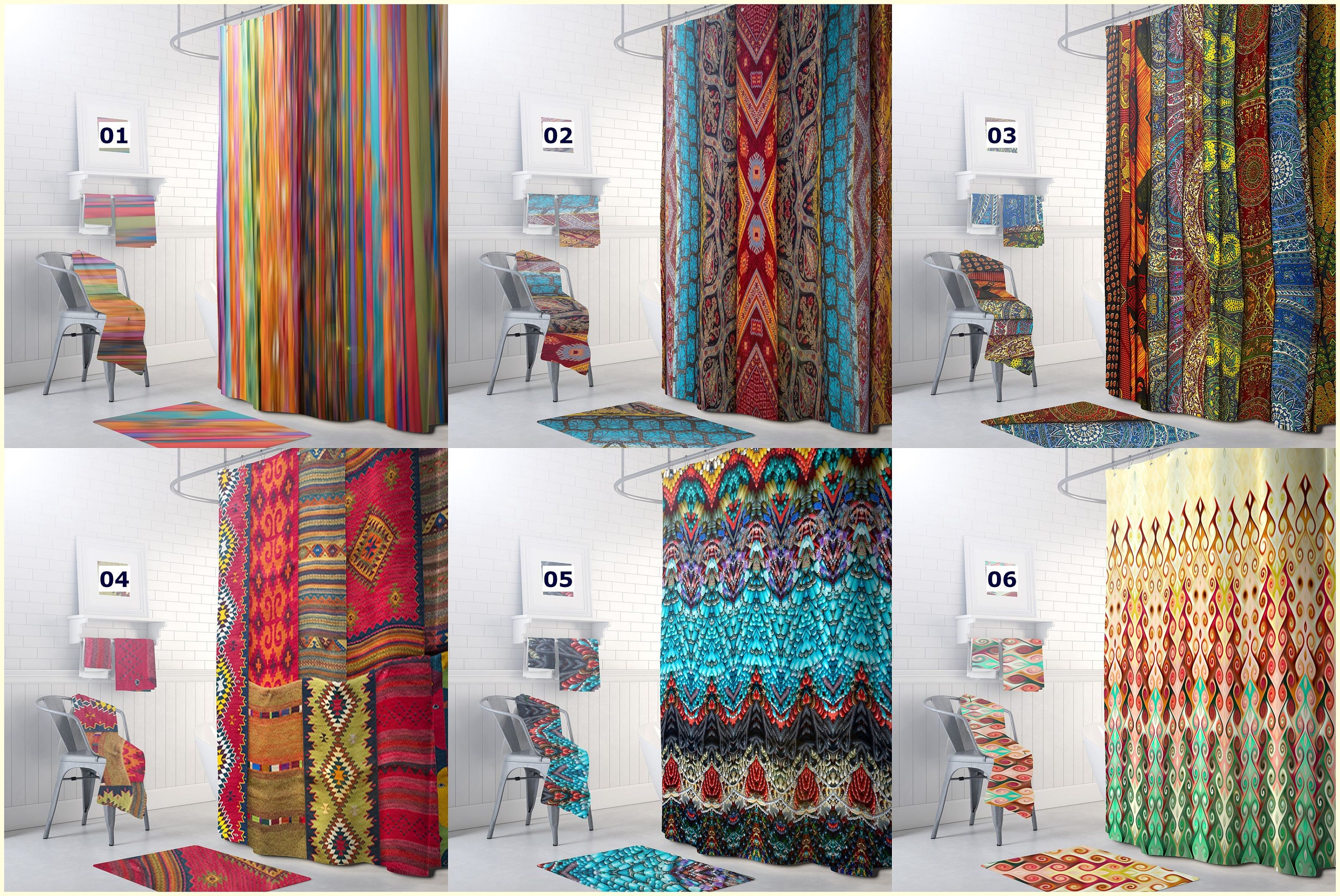 Colorful Stripes Boho Shower Curtain with Chic Bohemian Bathroom Theme